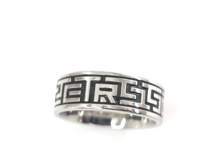 Ring aus Edelstahl, Herren, zweifarbig, griechischer Schl&uuml;ssel, M&auml;anderkante. Karton 36 St&uuml;ck.