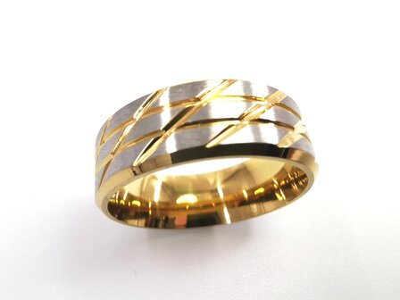 Ring, Edelstahl, goldfarben mit geb&uuml;rstetem, silberfarbenem Oberstreifen. Karton 36 St&uuml;ck.