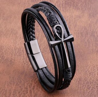 5-teiliges schwarzes Lederarmband f&uuml;r Herren mit schwarzem Kreuz aus Edelstahl.