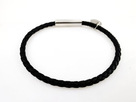 Herrenarmband 4 mm aus schwarzem Leder mit  Edelstahlverschluss, L&auml;nge 22 cm