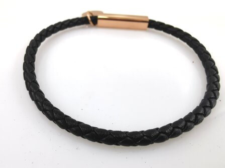 Herrenarmband 4 mm aus schwarzem Leder mit rosafarbenem Edelstahlverschluss, L&auml;nge 22 cm