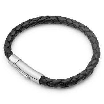 Heren Armband 4.5 mm leer met zwart edelstaal sluiting, in 3 Lengte verkrijgbaar.