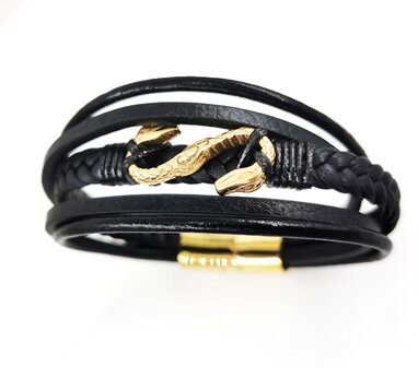 F&uuml;nf-Streifen-Armband aus schwarzem Leder und goldenem Edelstahl-Magnetverschluss.