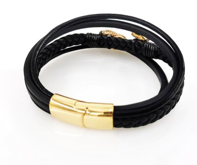 F&uuml;nf-Streifen-Armband aus schwarzem Leder und goldenem Edelstahl-Magnetverschluss.