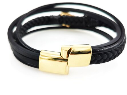 F&uuml;nf-Streifen-Armband aus schwarzem Leder und goldenem Edelstahl-Magnetverschluss.