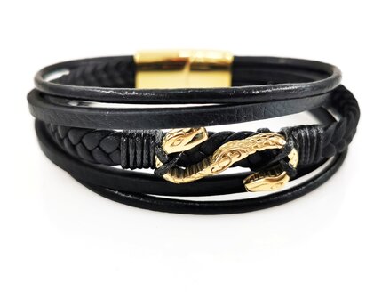 F&uuml;nf-Streifen-Armband aus schwarzem Leder und goldenem Edelstahl-Magnetverschluss.