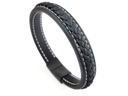 Stilvolles Herrenarmband aus schwarzem Leder mit kontrastierenden wei&szlig;en N&auml;hten.