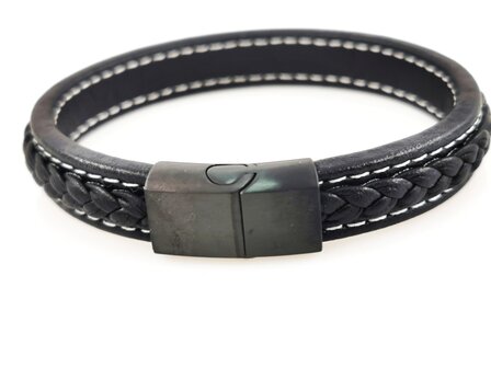 Stilvolles Herrenarmband aus schwarzem Leder mit kontrastierenden wei&szlig;en N&auml;hten.