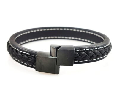 Stilvolles Herrenarmband aus schwarzem Leder mit kontrastierenden wei&szlig;en N&auml;hten.