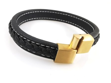 Stilvolles Herrenarmband aus schwarzem Leder mit kontrastierenden wei&szlig;en N&auml;hten.