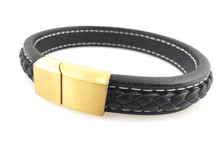 Stilvolles Herrenarmband aus schwarzem Leder mit kontrastierenden wei&szlig;en N&auml;hten.