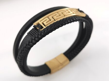 Leder-Herrenarmband Multi mit goldfarbenem griechischem Edelstahlmuster