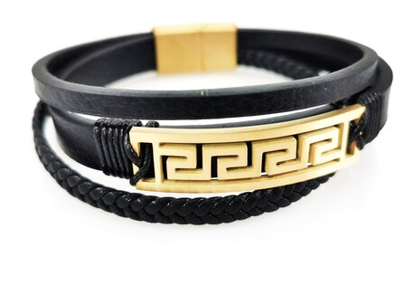 Leder-Herrenarmband Multi mit goldfarbenem griechischem Edelstahlmuster