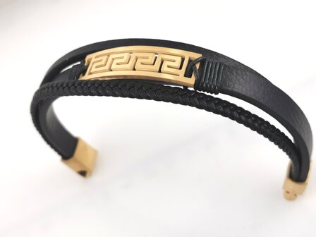 Leder-Herrenarmband Multi mit goldfarbenem griechischem Edelstahlmuster