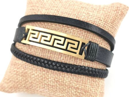 Leren heren armband Multi met edelstaal goudkleurig Griekse patroon