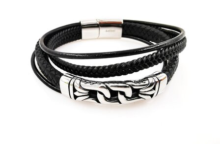 Robustes Lederarmband mit 5 Streifen und Schlie&szlig;e und Element aus Edelstahl.