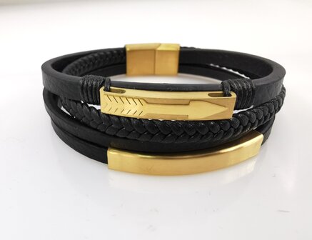 Leren Armband Heren Zwarte vier Stroken Leer &amp; Gouden Elementen.