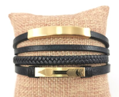 Leren Armband Heren Zwarte vier Stroken Leer &amp; Gouden Elementen.