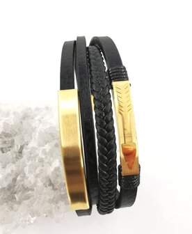 Lederarmband Herren Schwarz, vier Streifen aus Leder und Goldelementen.