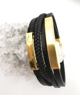 Leren Armband Heren Zwarte vier Stroken Leer &amp; Gouden Elementen.