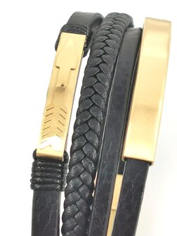 Leren Armband Heren Zwarte vier Stroken Leer &amp; Gouden Elementen.