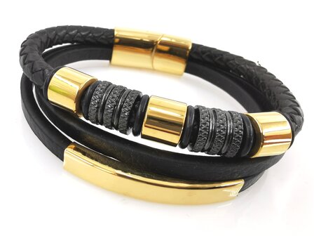 Leren heren armband Multi met edelstaal goudkleurig luxe elementen.