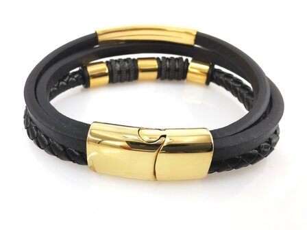 Leren herenarmband Multi met roestvrijstalen goudkleurige luxe elementen.