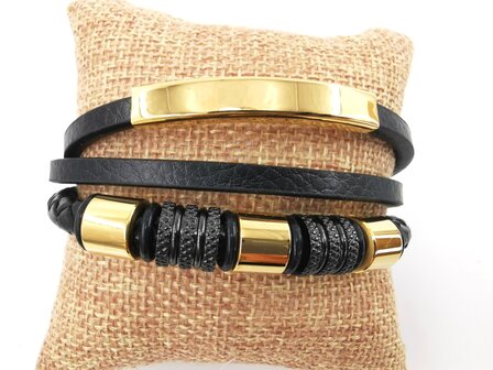 Leren herenarmband Multi met roestvrijstalen goudkleurige luxe elementen.