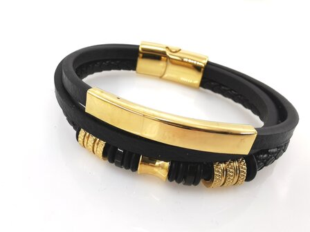 Leren heren armband Multi met edelstaal goudkleurig luxe elementen.