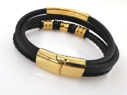 Leren heren armband Multi met edelstaal goudkleurig luxe elementen.