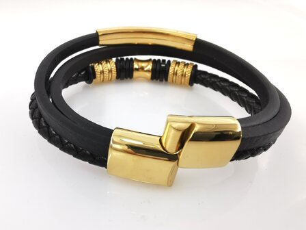 Leren heren armband Multi met edelstaal goudkleurig luxe elementen.