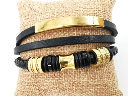 Leren herenarmband Multi met roestvrijstalen goudkleurige luxe elementen.