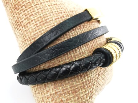 Leren heren armband Multi met edelstaal goudkleurig luxe elementen.