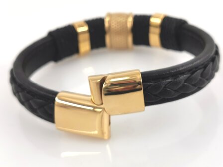 Stilvolles Herrenarmband aus schwarzem Leder mit kontrastierenden wei&szlig;en N&auml;hten.