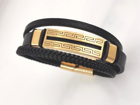 Leder-Herrenarmband Multi mit goldfarbenem griechischem Edelstahlmuster