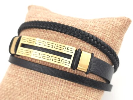 Leren heren armband Multi met edelstaal goudkleurig Griekse patroon