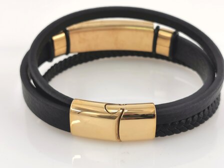 Leder-Herrenarmband Multi mit goldfarbenem griechischem Edelstahlmuster