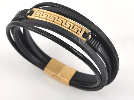 Leder-Herrenarmband Multi mit goldfarbenem griechischem Edelstahlmuster