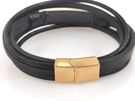 Leren heren armband Multi met edelstaal goudkleurig Griekse patroon