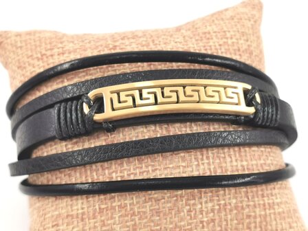 Leren heren armband Multi met edelstaal goudkleurig Griekse patroon