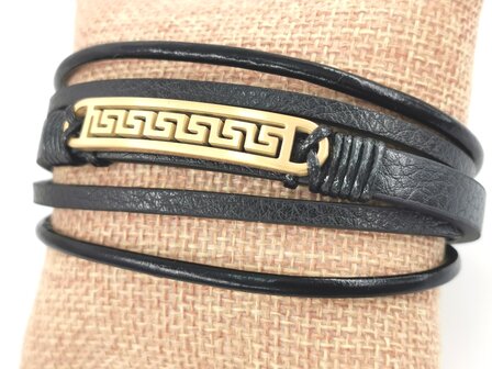 Leder-Herrenarmband Multi mit goldfarbenem griechischem Edelstahlmuster