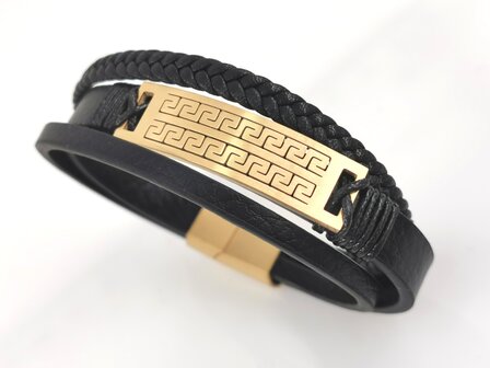 Leder-Herrenarmband Multi mit goldfarbenem griechischem Edelstahlmuster