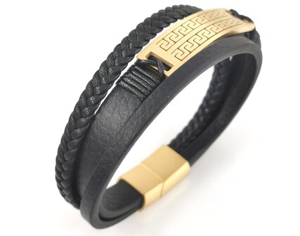 Leder-Herrenarmband Multi mit goldfarbenem griechischem Edelstahlmuster