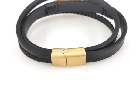 Leren heren armband Multi met edelstaal goudkleurig Griekse patroon