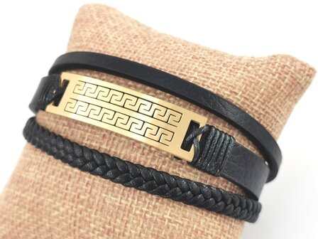 Leren heren armband Multi met edelstaal goudkleurig Griekse patroon