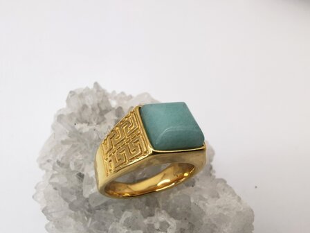 Edelstahl-Edelstein-Gr&uuml;ner Calcit-goldfarbener griechischer Design-Ring. Vierkantringe mit Schutzstein