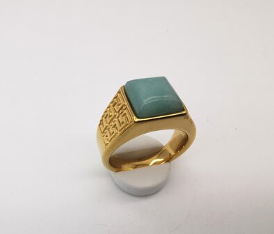 Edelstahl-Edelstein-Gr&uuml;ner Calcit-goldfarbener griechischer Design-Ring. Vierkantringe mit Schutzstein