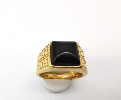 Edelstahl-Edelstein-Onyx-goldfarbener griechischer Design-Ring. Vierkantringe mit Schutzstein