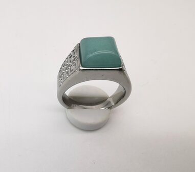 RVS Edelsteen groene Calciet zilverkleurig Griekse design vierkant ringen met beschermsteen. 