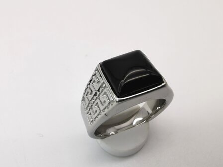 Edelstahl Edelstein Onyx silberfarbene quadratische Ringe im griechischen Design mit Schutzstein.